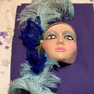 Vintage Ceramic Lady face with blue feathers